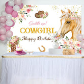 Lofaris Cowgirl Pink Floral Horse Happy Birthday Backdrop